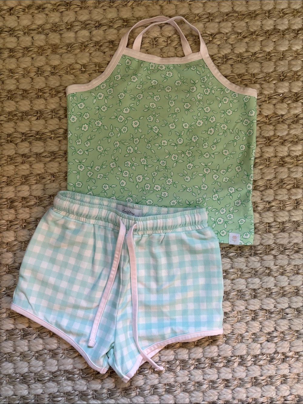 SweetHoney Green Floral Tank & Mint Gingham Shorts Pajama Set